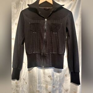 Repurposed puma zip up jacket w handsewn owl patch, studs SZ 6